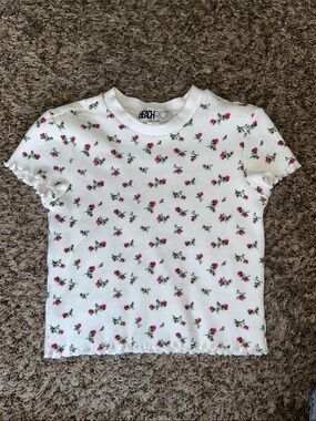 Beach Riot White Tee with Pink Floral Print and Ruffle Trim - Women’s XS